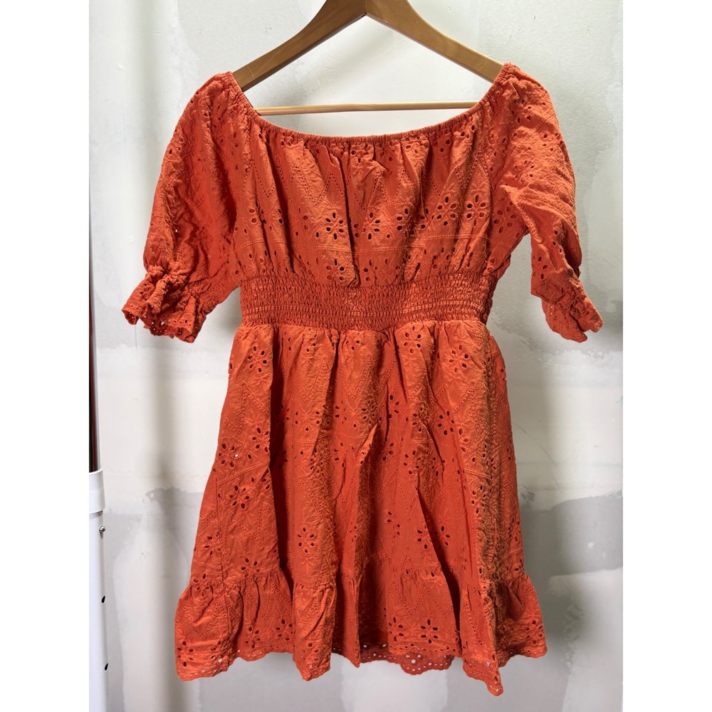 PRETTYGARDEN Women Burnt Orange Cotton‎ Eyelet Puff Sleeve Mini Dress Size M - Picture 2 of 6